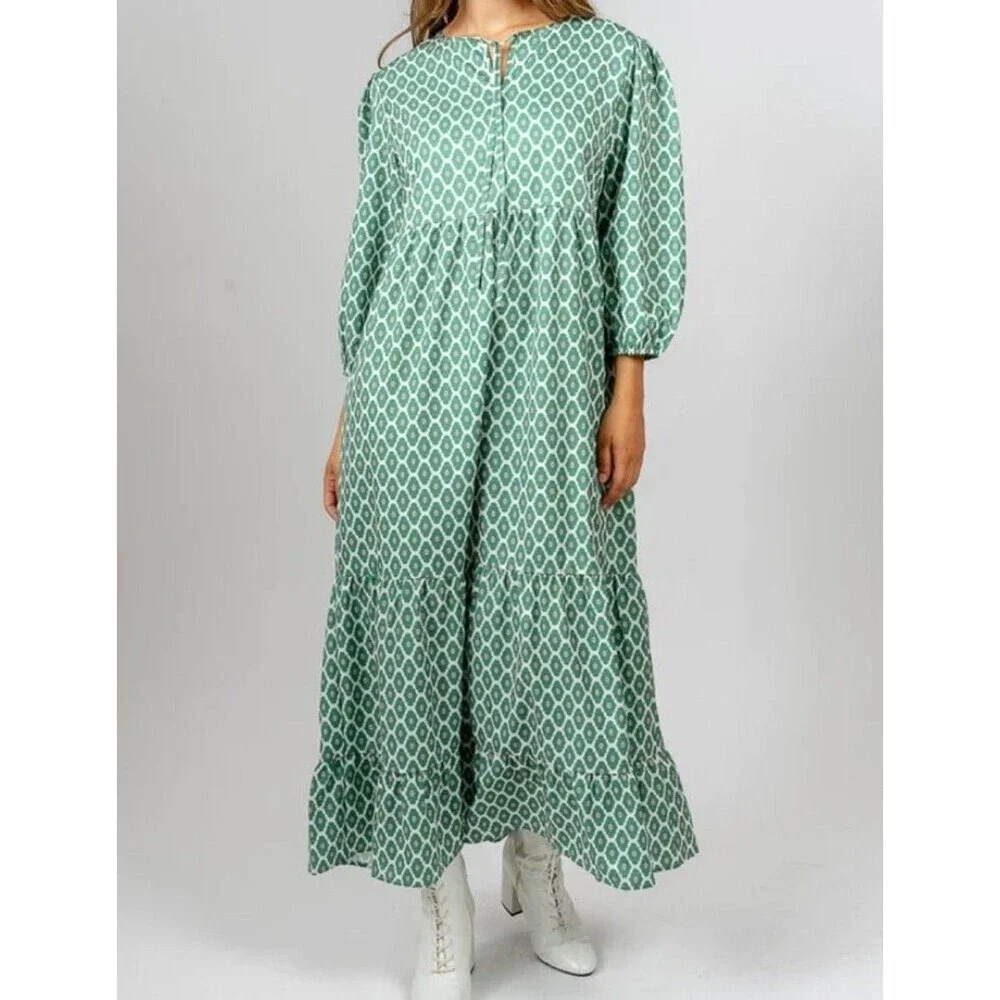 Silk & Salt Midi Dress Womens M Green Boho Tiered Peasant 3/4 Sleeve - Picture 14 of 14